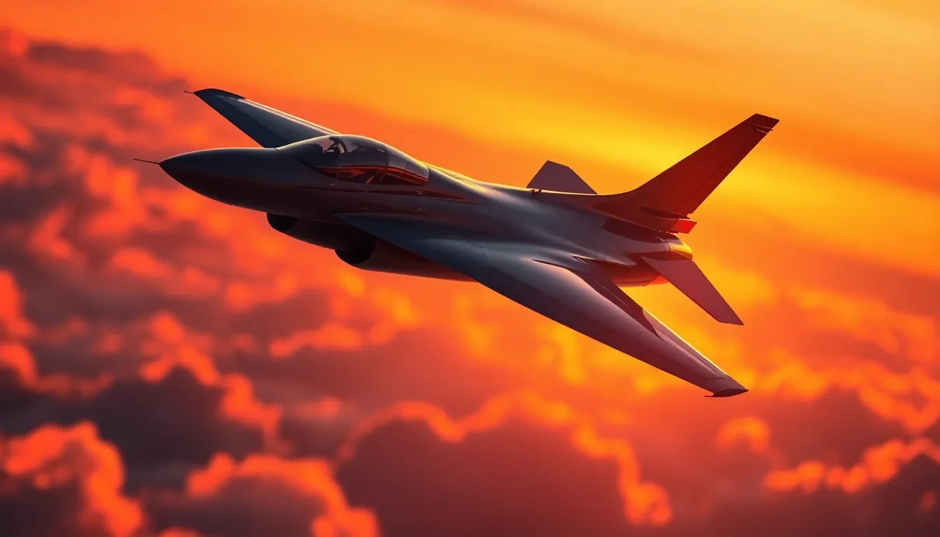 Fighter Jet Soaring at Sunset This stunning image captures a sleek fighter jet as it soars through a vibrant sunset sky, bathed in warm golden light. The powerful aircraft is depicted in mid-flight, showcasing its aerodynamic design against a backdrop of rich oranges and purples, creating a dramatic atmosphere. The blurred clouds add to the sense of speed and freedom, while the composed framing emphasizes the jet's journey through the sky.