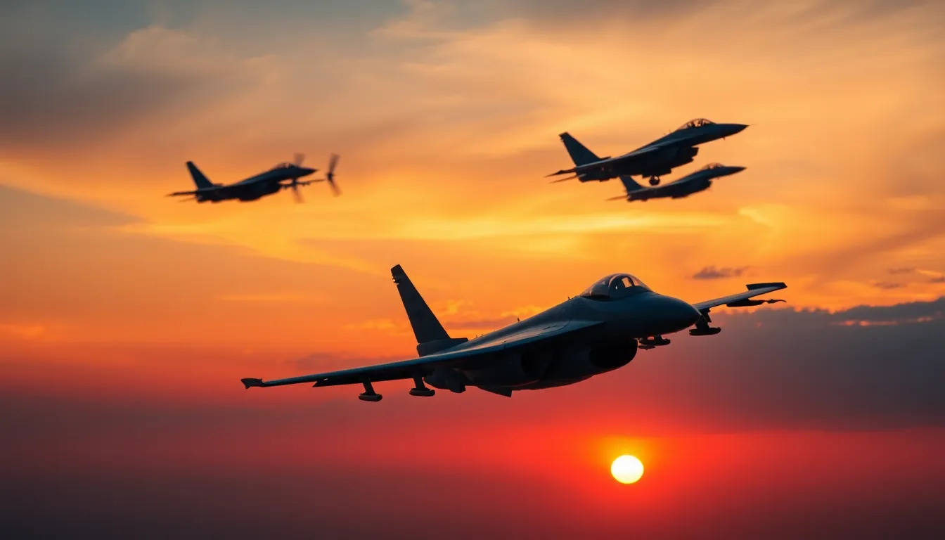 This stunning aerial image captures three fighter jets flying in precise formation against a breathtaking sunset backdrop. The warm golden hour lighting bathes the scene in rich hues of orange and pink, creating a dramatic contrast with the deepening blue sky. The moderate depth of field maintains focus on the jets, showcasing their sleek silhouettes while blurring the vibrant horizon. This photograph exemplifies the harmony of military precision and the beauty of natural light.