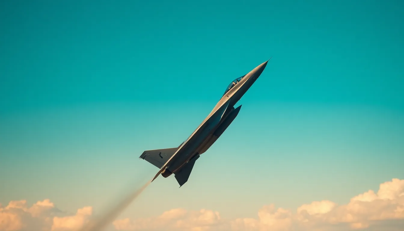 This dynamic aerial view captures a fighter jet in the midst of a vertical climb during an airshow. The bright blue sky forms a striking background, emphasizing the aircraft's ascent. The image is sharp from the jet to distant clouds, with cinematic color grading enhancing its thrilling action, making it a stunning visual representation of aerial prowess.