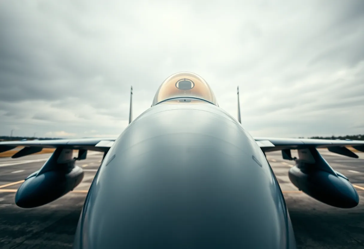 Close-Up of a Fighter Jet on Tarmac This detailed close-up image showcases a fighter jet resting on the tarmac under a cloudy sky. The aircraft's metallic surface is brought to life with visible rivets and insignias, emphasizing the craftsmanship of military engineering. Diffused daylight casts a soft light, ensuring every detail is sharp, while the muted color tones create a serious mood that reflects the power and precision of military aviation.