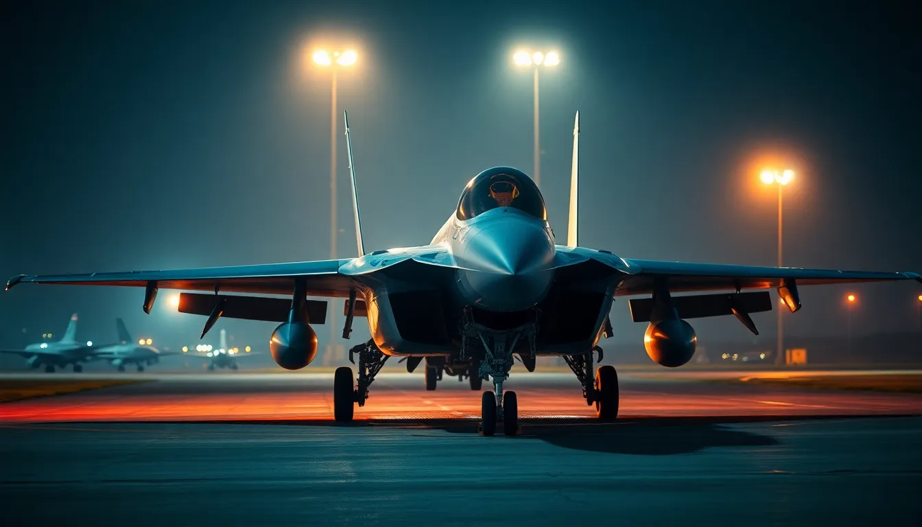 A fighter jet stands ready for takeoff on a dimly lit runway, illuminated by bright overhead floodlights. The intense contrast of light against dark showcases the aircraft's sleek lines and powerful form. This dramatic night scene is enriched with cinematic colors, enhancing the atmosphere of anticipation. The composition emphasizes the jet's dominance in the frame, creating a sense of urgency and readiness.