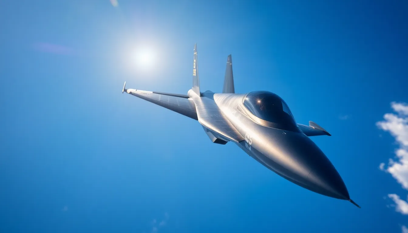 A stunning fighter jet is captured as it flies through a pristine blue sky, leaving dramatic exhaust trails in its wake. The image highlights the jet's metallic texture and intricate paneling, illuminated by the noon sun. With a sharp focus on the aircraft and blurred clouds in the background, the composition conveys speed and power. The bright color palette of blues and whites enhances the thrilling atmosphere of this military scene.