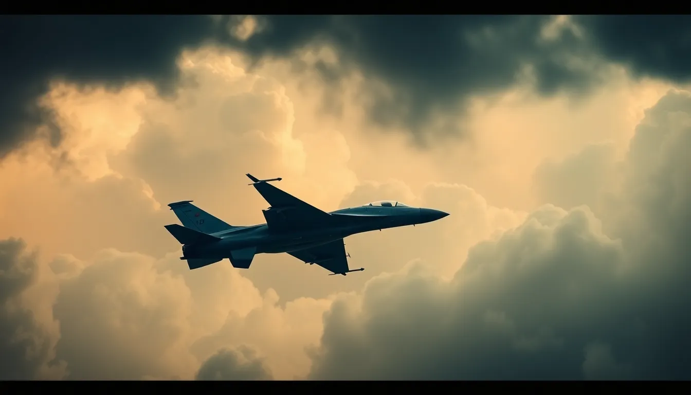 A fighter jet is seen executing a stunning aerial maneuver amidst dark, stormy clouds. The image captures the intensity and drama of the moment, with the diffused lighting enhancing the jet's sharp contours. The selective focus highlights the aircraft while the turbulent clouds form a dramatic backdrop, elevating the tension. With a cinematic color grading of teal and orange, this photograph conveys both power and adrenaline.
