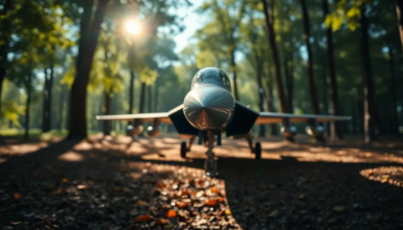 A visually captivating shot of a fighter jet strategically positioned in a forest clearing, surrounded by lush greenery. The sunlight dapples through the leaves, creating enchanting bokeh effects that enhance the image's depth. The vibrant colors of the foliage contrast with the sleek, modern design of the aircraft, creating a striking juxtaposition between nature and technology. This scene encapsulates the harmony of man-made engineering within a natural setting.