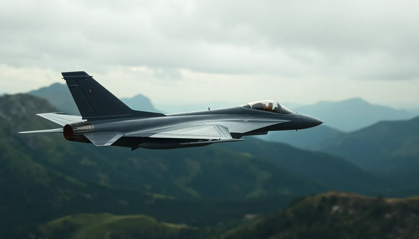 In this dynamic photograph, a fighter jet executes an aggressive bank over a breathtaking mountainous landscape. Captured in overcast daylight, the soft light highlights the jet's sleek contours while maintaining clarity in the rich textures of the terrain below. The scene is meticulously composed with a low-angle perspective that accentuates the aircraft's impressive silhouette. Muted earth tones dominate the background, creating a striking visual contrast with the metallic sheen of the jet, showcasing the power and grace of military aviation.