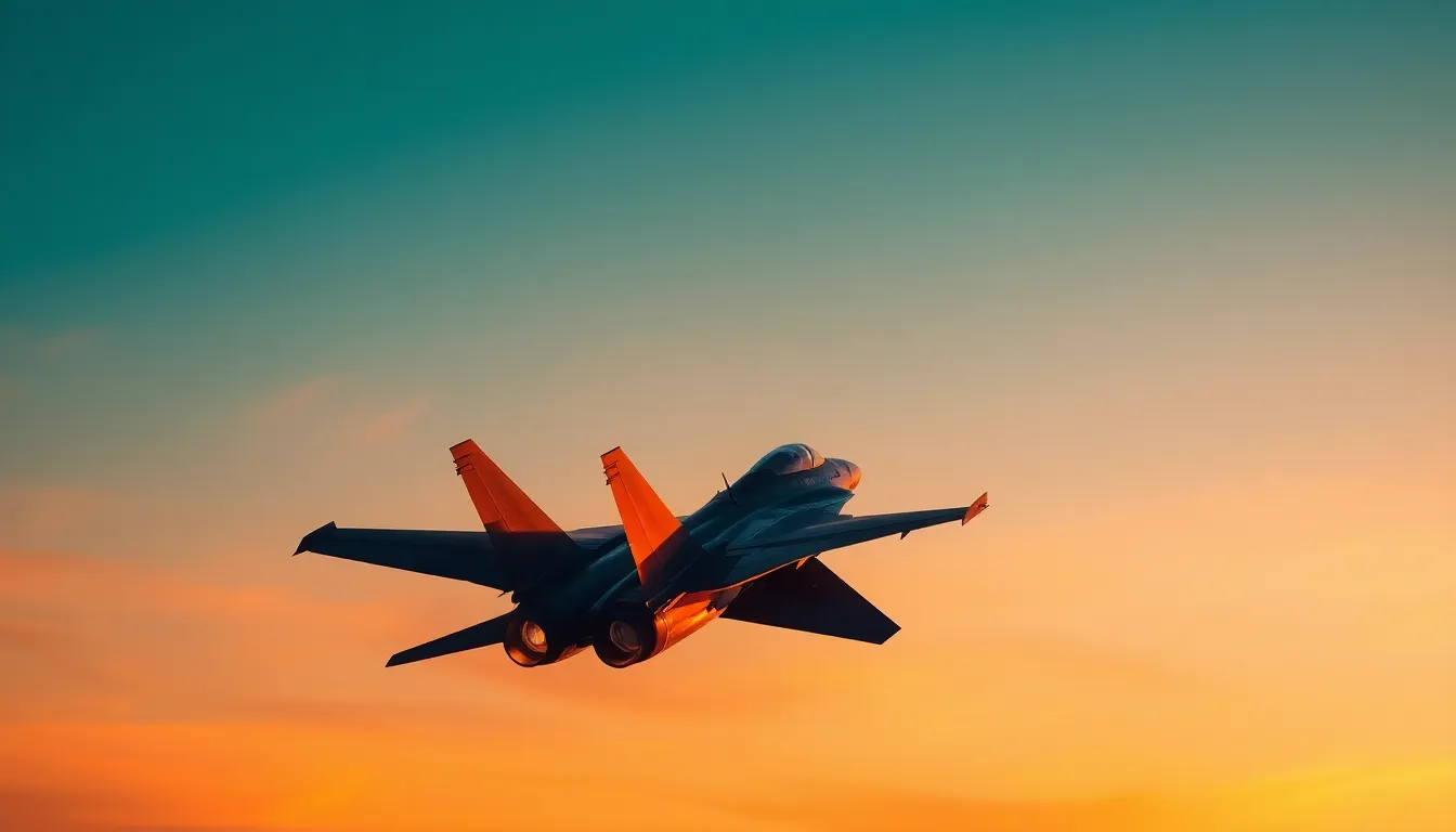 This dynamic image features a fighter jet performing an impressive mid-air maneuver during the golden hour. The warm rim lighting highlights the jet's sleek lines, creating a striking contrast against the soft teal and orange hues of the sky. The composition emphasizes motion and agility, capturing the essence of military aviation in action. This scene conveys both power and elegance.