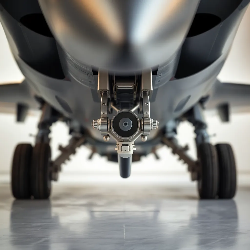 This detailed close-up image captures the intricate engineering of a fighter jet's landing gear during routine pre-flight checks. The bright studio lighting accentuates the textures of brushed aluminum and rubber, creating a stark contrast against the muted earth tones of the environment. With a shallow depth of field, the focus remains sharp on the landing gear while the background blurs beautifully, emphasizing the precision and craftsmanship. This composition provides an intimate glimpse into the mechanics of military aviation.