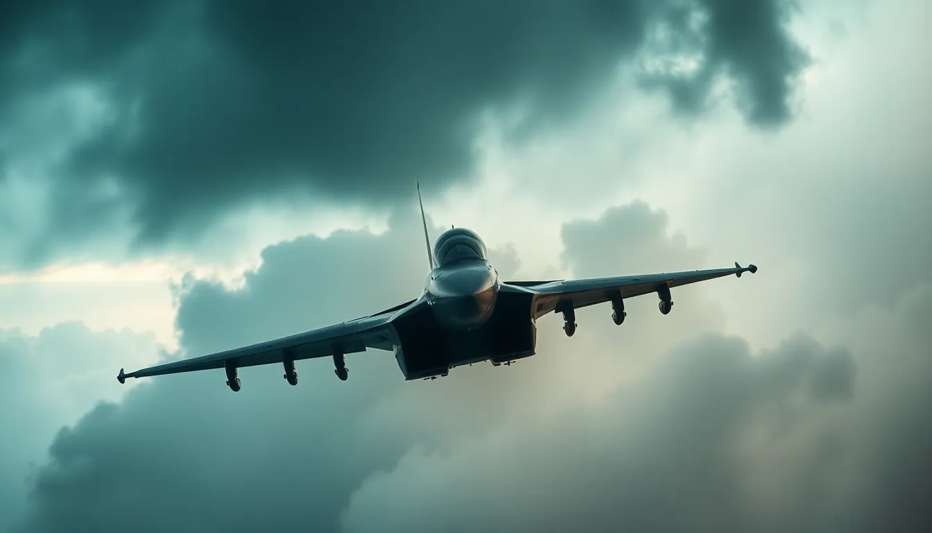 Fighter Jet Flying Through Stormy Sky