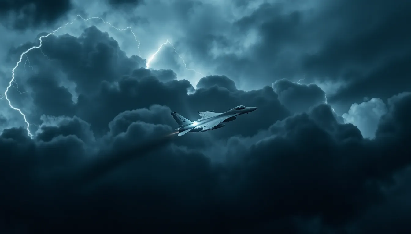 This breathtaking image captures a fighter jet soaring through dark storm clouds, illuminated by flashes of natural lightning. The dramatic scene features a turbulent sky filled with deep grays and blues, emphasizing the power and speed of the aircraft. Shot from a dynamic angle, the composition adds to the sense of movement, showcasing the jet's agility amidst the chaos of the storm. This striking photograph epitomizes the thrill of military aviation in extreme conditions.
