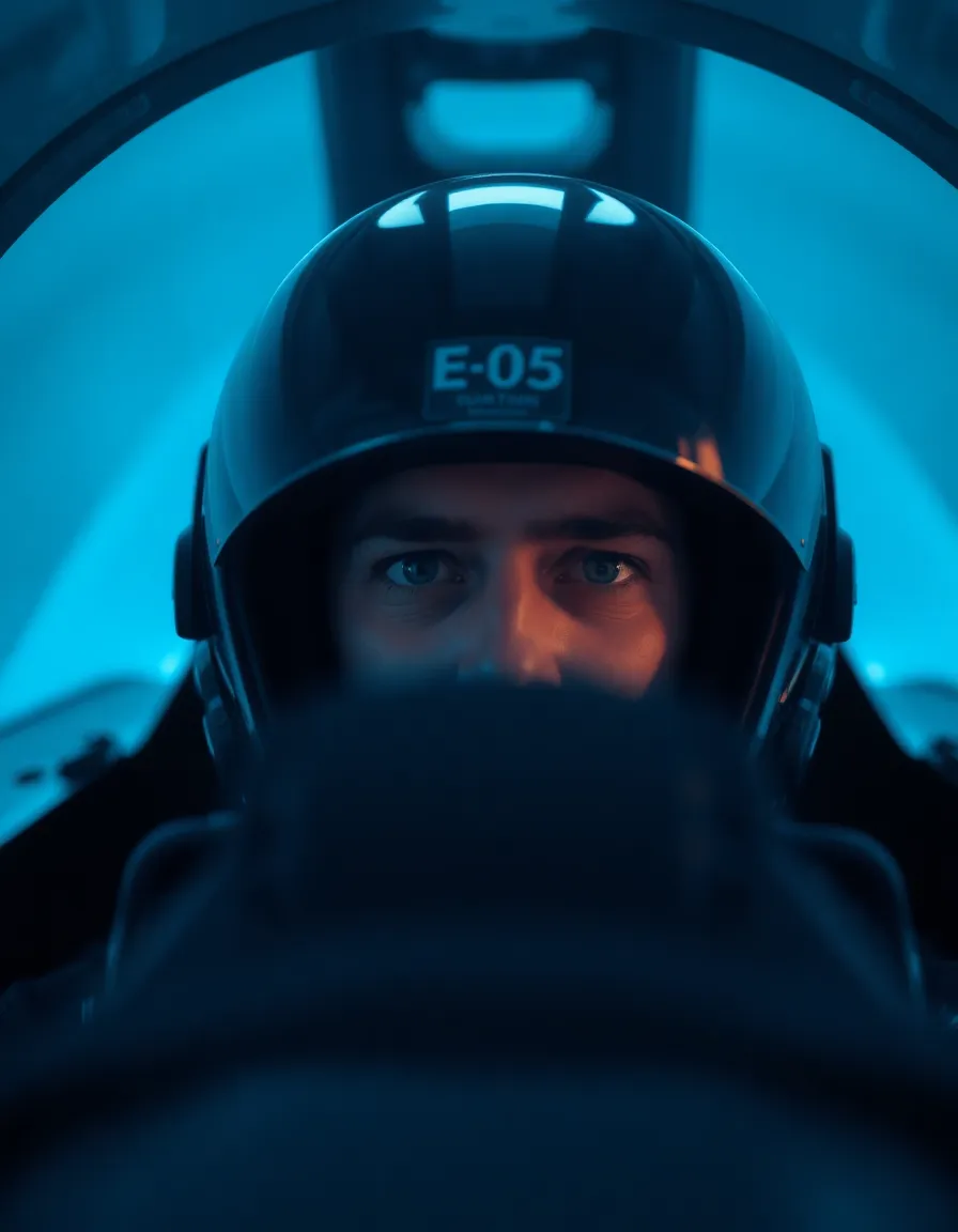 A striking close-up of a fighter jet cockpit, featuring a pilot fully equipped with a helmet, immersed in the cockpit's intricate controls. The soft blue light from the instrument panel adds depth and intensity, emphasizing the pilot's focused expression. The image captures the essence of combat readiness, showcasing the technology and human element in a high-pressure environment. With a shallow depth of field and rich textures, the composition draws the viewer into the cockpit's dynamic atmosphere.