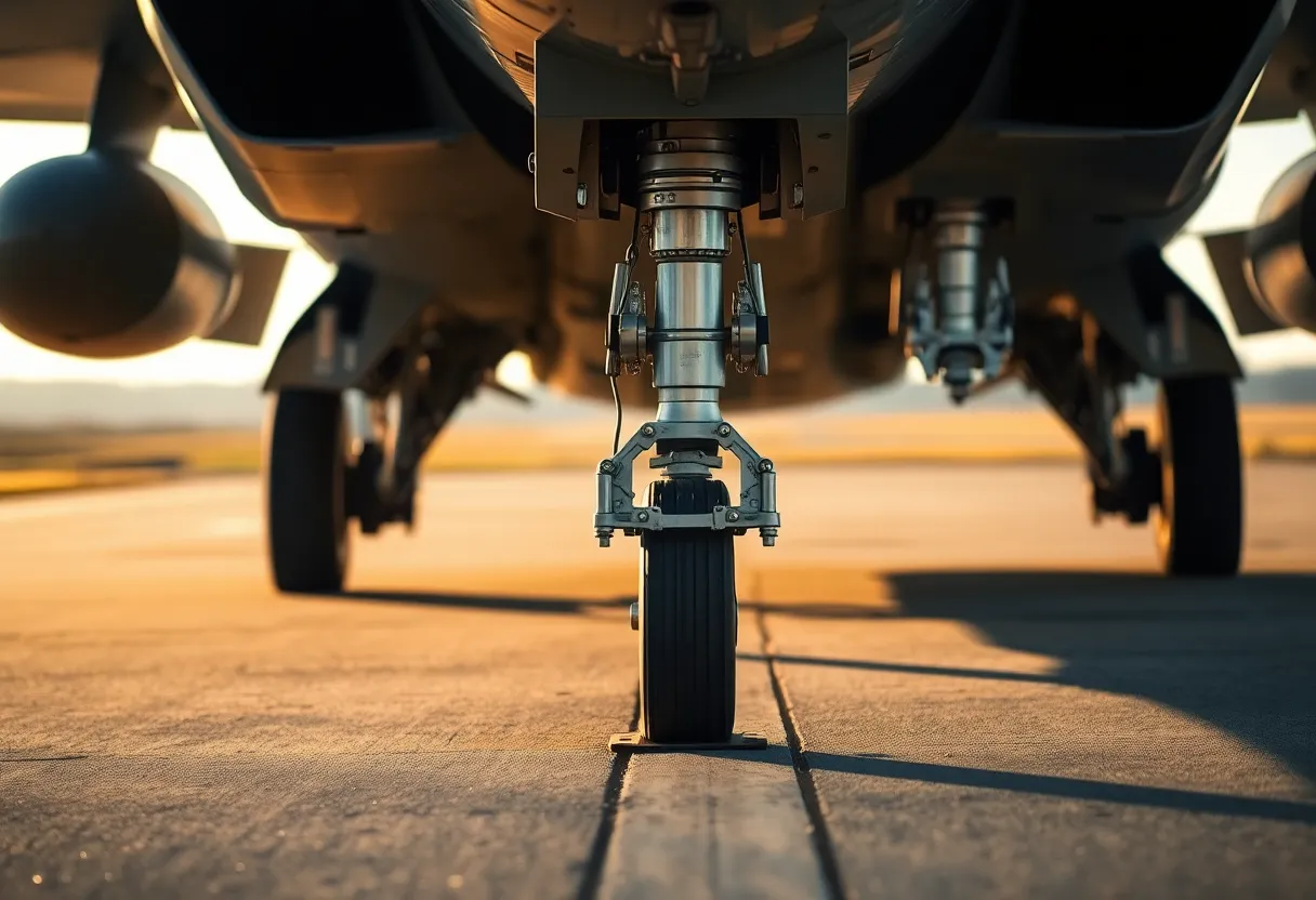 An exquisite detail shot of a fighter jet's landing gear, showcasing the intricate engineering of military aviation. Bathed in warm afternoon light, the metallic textures of the gear are sharply defined against the blurred background of the runway. The shallow depth of field directs attention to the craftsmanship involved in the design. Perfectly centered, this image invites viewers to explore the beauty of technology in a military context, highlighting both form and function.