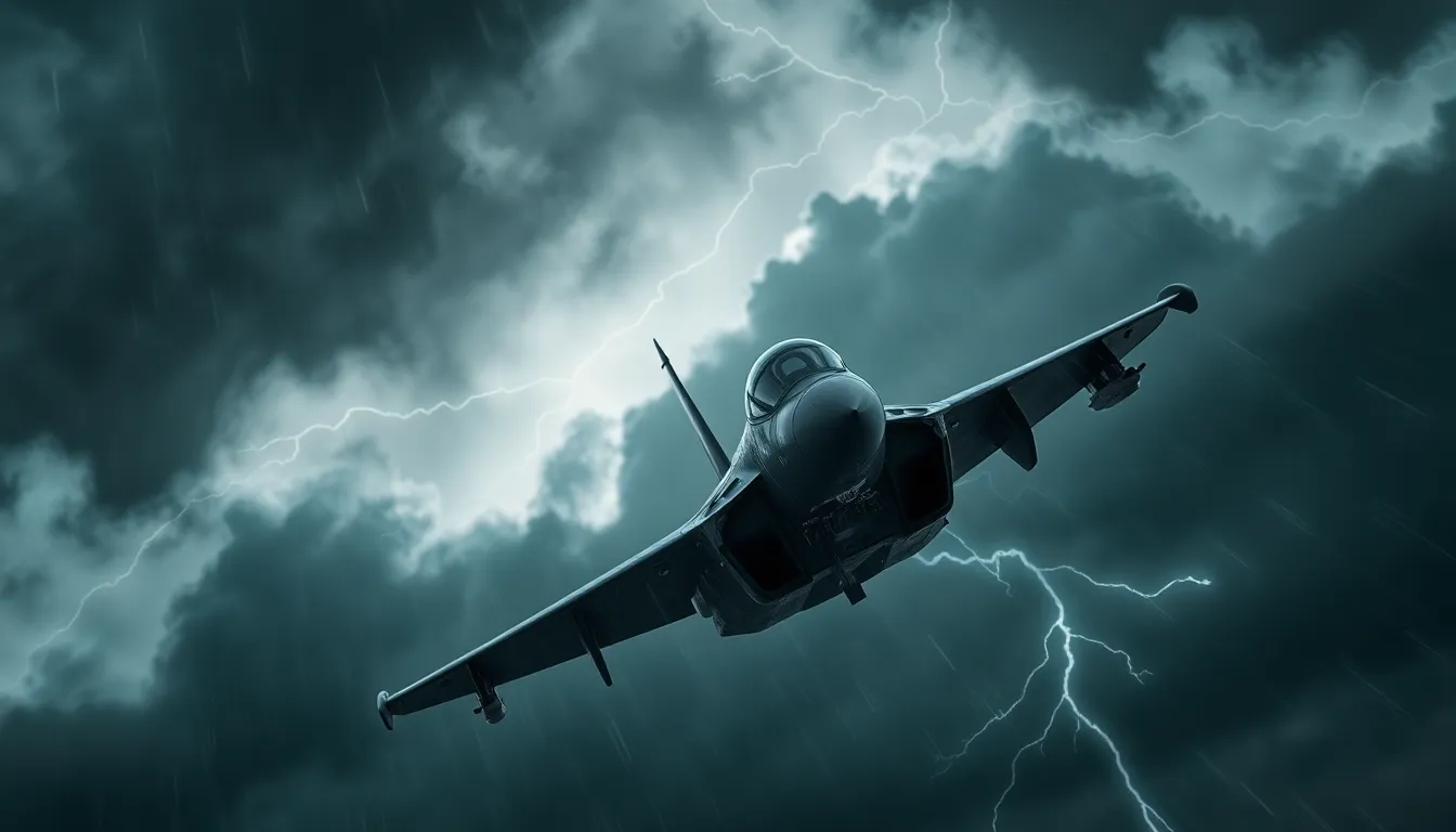 This dramatic image portrays a fighter jet flying through a stormy sky, with dark clouds and flashes of lightning providing an intense backdrop. The aircraft's camouflage blends seamlessly with the moody atmosphere, enhancing its stealthy presence. Captured with sharp detail, the hyperfocal distance ensures clarity throughout, while the Dutch angle heightens the sense of action. This photorealistic image conveys the power and resilience of military aviation in challenging environments.