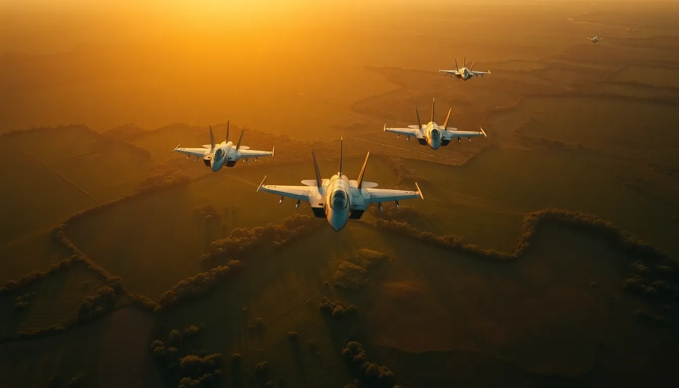 This striking image features a formation of fighter jets flying elegantly over a lush green landscape during the golden hour. The warm sunlight enhances the military aircraft's colors, contrasting beautifully against the verdant fields below. The hyperfocal distance captures every detail from the jets to the textured ground, creating a sense of harmony in motion. This composition showcases the precision and teamwork inherent in military aviation.