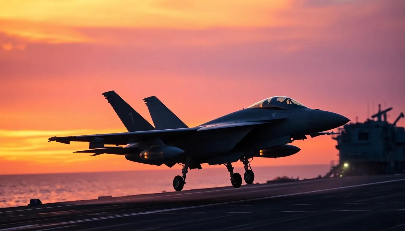 In this dramatic sunset scene, a fighter jet is captured as it lands on an aircraft carrier, with vibrant orange and purple hues illuminating the sky. The warm lighting enhances the textures of the aircraft and the carrier deck, revealing intricate details and the power of military aviation. The carefully chosen depth of field ensures both the jet and carrier are clear, creating a dynamic sense of motion. This photorealistic image evokes feelings of excitement and valor in military operations.