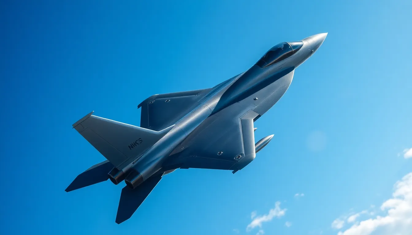 A stunning fighter jet is captured soaring through a clear blue sky, showcasing its sleek design and agility. The bright sunlight highlights the metallic surface, creating a striking contrast between the aircraft and the vibrant background. With a shallow depth of field emphasizing the jet, the image conveys a sense of speed and power. This photorealistic image evokes a feeling of adventure and precision in military aviation.