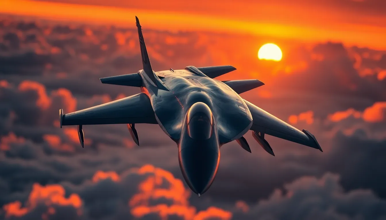 An impressive fighter jet cuts through a vibrant sunset, showcasing its powerful silhouette against a dazzling sky. The golden hour light enhances the aircraft's metallic texture, creating a striking contrast with the soft, blurred clouds behind. This dynamic shot captures the essence of speed and strength, inviting viewers to feel the thrill of aviation. Perfectly composed with the jet placed according to the rule of thirds, the image evokes a sense of freedom and adventure.