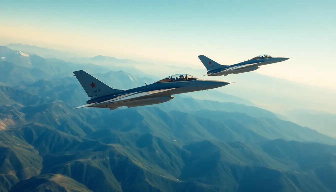 An awe-inspiring formation of fighter jets glides over a stunning mountain range, perfectly captured against the backdrop of a clear blue sky. The bright midday sun enhances the sharp details of both the aircraft and the rugged landscape, creating a vivid contrast. The composition's leading lines from the mountains draw the viewer's eye across the scene, illustrating the harmony of man-made precision and natural beauty. This image conveys a sense of power and high-speed adventure in the skies.