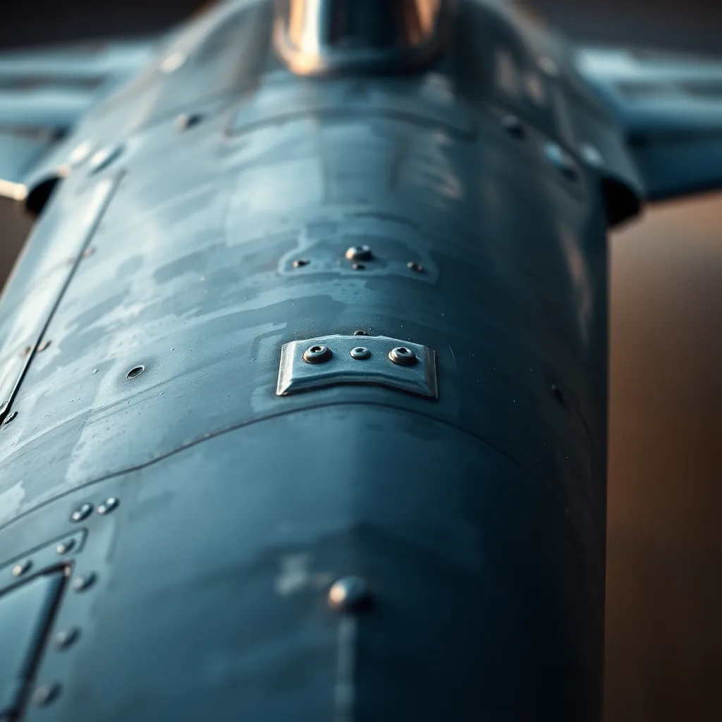 This macro image focuses on the intricate details of a fighter jet's wing, showcasing rivets and surface textures. Soft, diffused lighting enhances the metallic surface without harsh reflections, while a shallow depth of field provides a painterly softness to the background. The cold steel grays and hints of blue composition create a striking visual of the rugged materials, emphasizing the engineering of military aircraft.