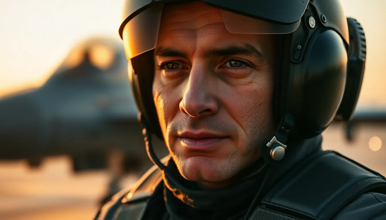 This evocative image showcases a pilot in full flight gear, captured in the warm glow of firelight as they prepare for takeoff. The focus is sharp on the pilot’s determined expression, with the fighter jet softly blurred in the background. The natural muted colors enhance the mood of anticipation and readiness, while the detailed textures of the suit create a sense of realism. It embodies a moment of calm before the action, highlighting the human element of military aviation.
