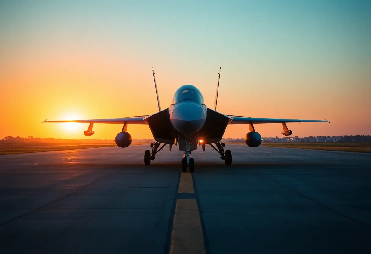 This serene image captures a fighter jet on the runway during the golden hour, bathed in warm sunlight. The backlighting creates a beautiful rim light effect that accentuates the aircraft's contours. Sharp details span from the tarmac to the sky, while the warm orange and yellow color palette evokes a sense of tranquility. The composition is thoughtfully arranged, placing the jet off-center and utilizing the leading lines of the runway to draw the viewer's eye effectively.