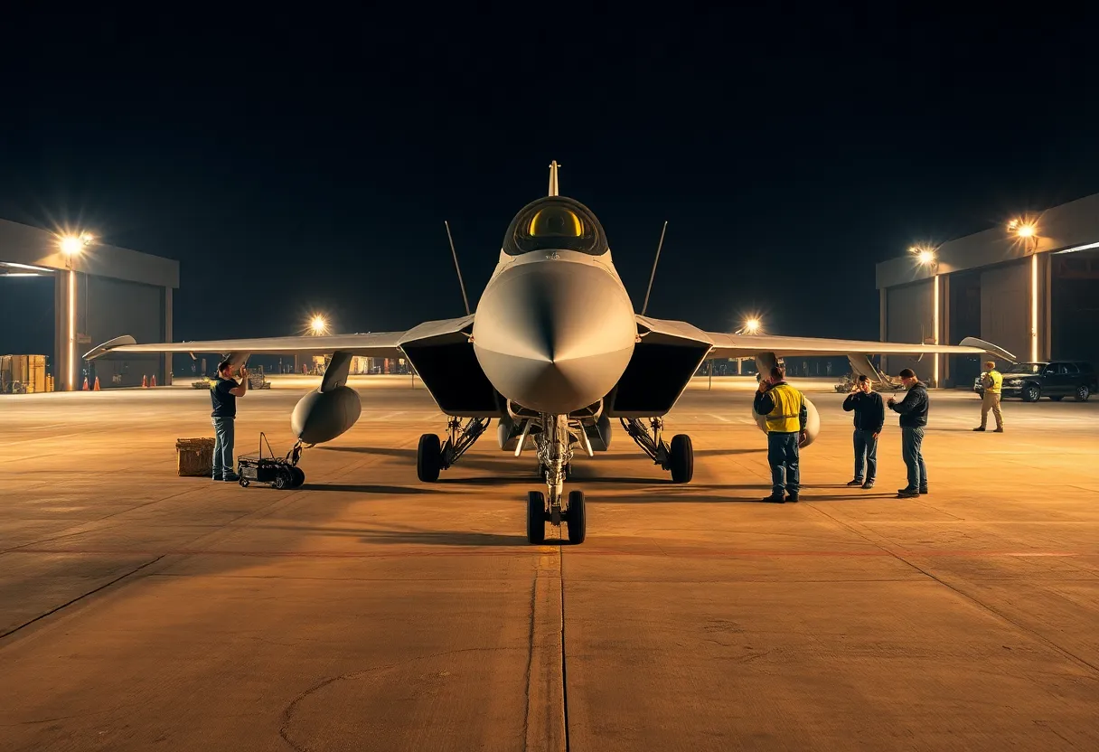 This captivating image portrays a grounded fighter jet at a military base, surrounded by a dedicated maintenance crew diligently performing checks. The warm tungsten lighting creates cozy pools of illumination, enhancing the intimate atmosphere of the scene. Positioned off-center following the rule of thirds, the jet stands as a powerful centerpiece while the crew adds dynamic energy. The contrast between the rough, weathered concrete and the sleek aircraft serves to highlight the beauty of human craftsmanship alongside advanced technology.