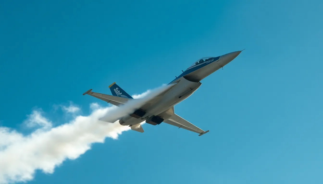 In this action-packed image, a fighter jet executes a tight turn against a pristine blue sky, leaving behind dramatic white smoke trails. Captured with a telephoto lens, the sharp lines of the aircraft are highlighted, creating a sense of speed and agility. The hyperfocal distance ensures clarity throughout the image, while the deep blue backdrop and stark white trails create a striking contrast, making the jet stand out in the composition.