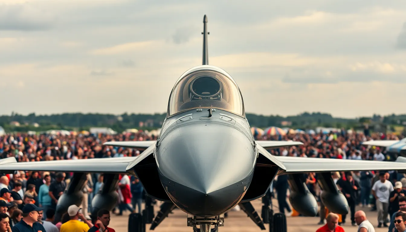 This compelling photograph depicts a fighter jet on static display at an airshow, surrounded by a captivated crowd. The professional lighting setup accentuates the jet's details, creating stunning contrasts on its surface. With everything in focus, from the aircraft to the audience, the image captures the excitement of military aviation events. The muted color palette adds a touch of realism, making this shot perfect for showcasing the allure of air shows.