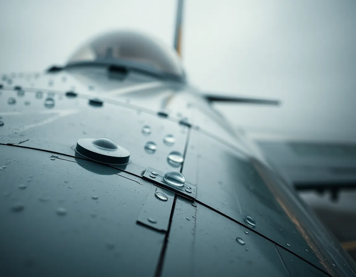 This intimate close-up captures the intricate details of a fighter jet’s wing adorned with glistening raindrops. The soft, overcast lighting beautifully highlights the textures of the metal and the delicate droplets. The deep greens and grays in the background suggest a wet, moody atmosphere that emphasizes both the beauty and the resilience of modern military technology. This macro shot invites viewers to appreciate the craftsmanship in aviation engineering.