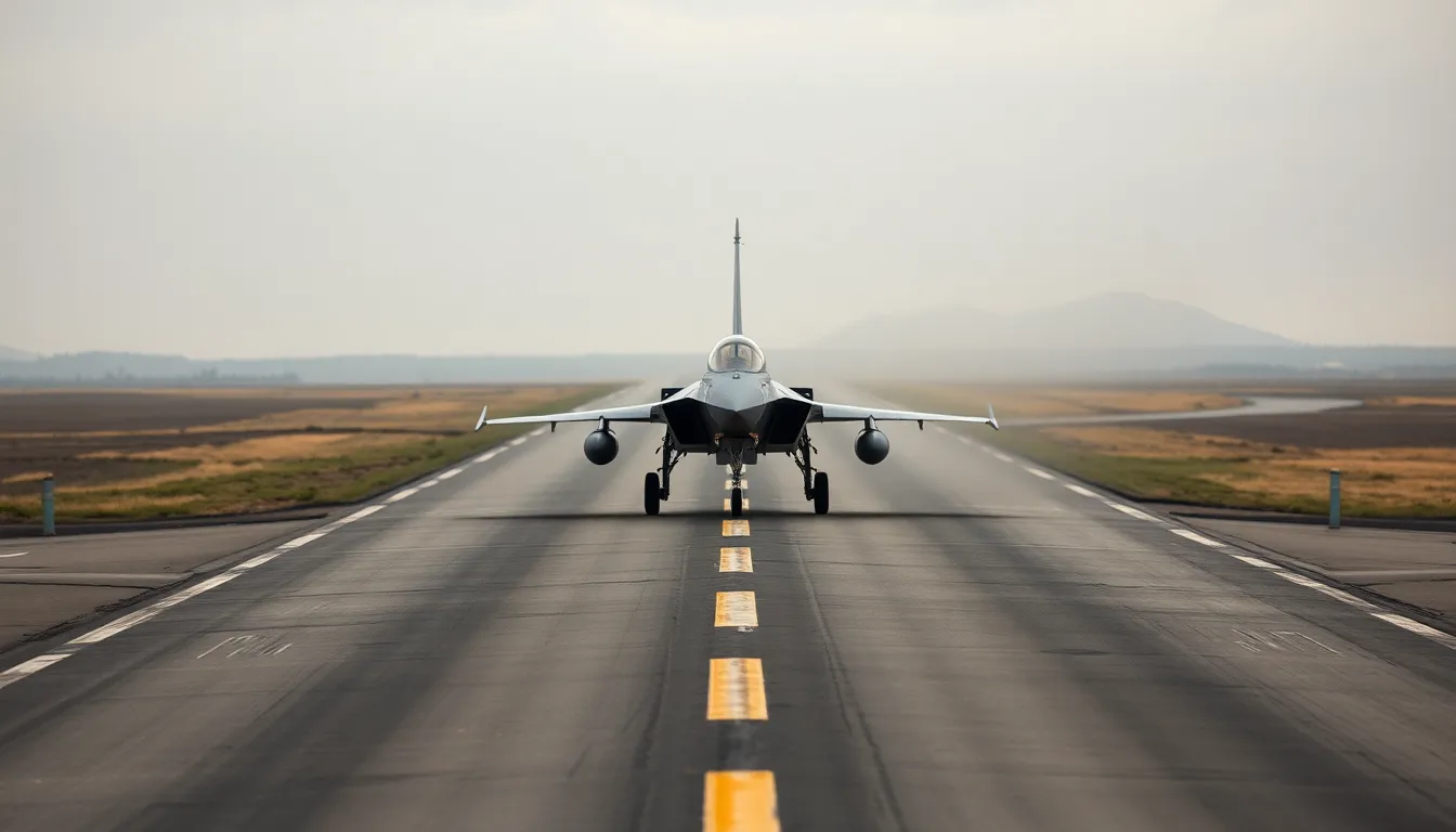 A striking image of a fighter jet powering down the runway for takeoff at a military airbase. The scene is captured under overcast conditions, creating a soft and atmospheric feel. The muted colors enhance the aircraft's sleek design and the surrounding landscape, while the blurred background adds depth. This composition highlights the intensity and precision of military aviation.