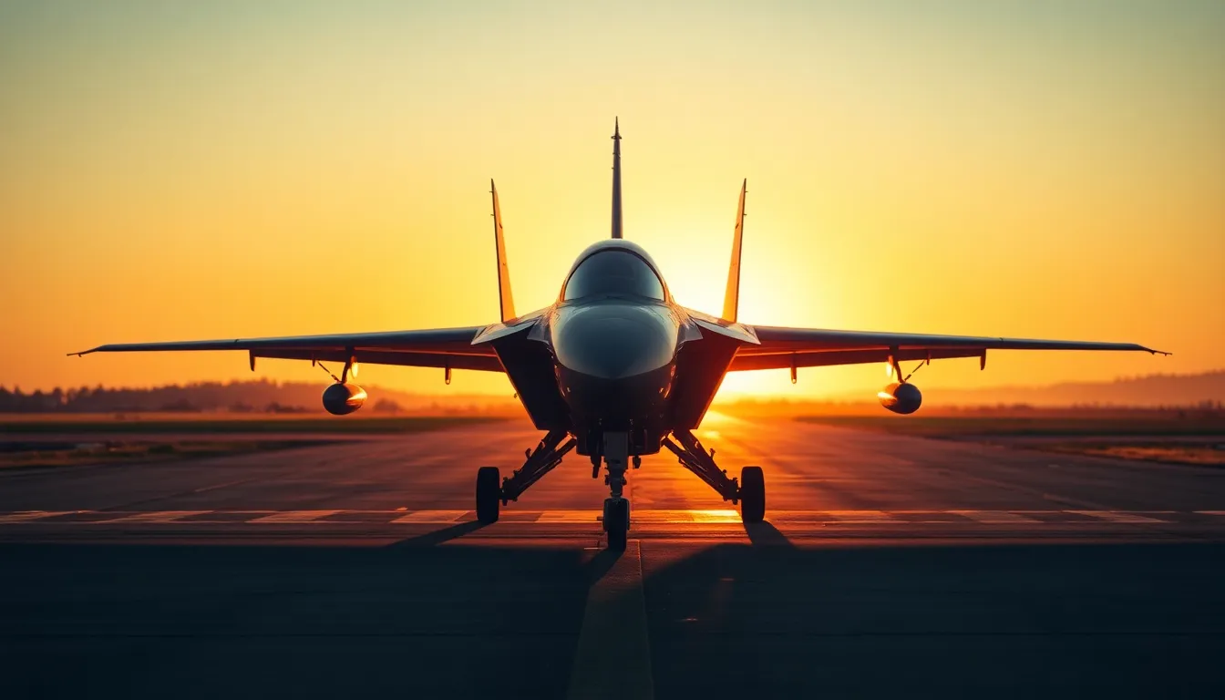 This dramatic photograph captures a fighter jet on the runway at sunset, beautifully illuminated by the golden hour light. The warm backlighting creates captivating shadows, highlighting the sleek contours of the aircraft. The blurred background enhances the focus on the jet while the rich colors add depth and warmth to the scene. The composition effectively uses the rule of thirds, making this image an impressive representation of military prowess.