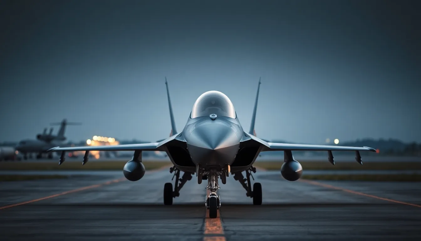 Fighter Jet at Dawn on Airfield A magnificent fighter jet stands poised on the runway at dawn, surrounded by a serene blue hour glow. The cool lighting enhances the aircraft's sleek design and strategic details, while dew on the tarmac reflects the tranquil ambiance. This image skillfully captures the calm before the storm of military operations, embodying the dedication and precision of aviation. The composition emphasizes the jet's powerful presence against the soft backdrop of an awakening sky.