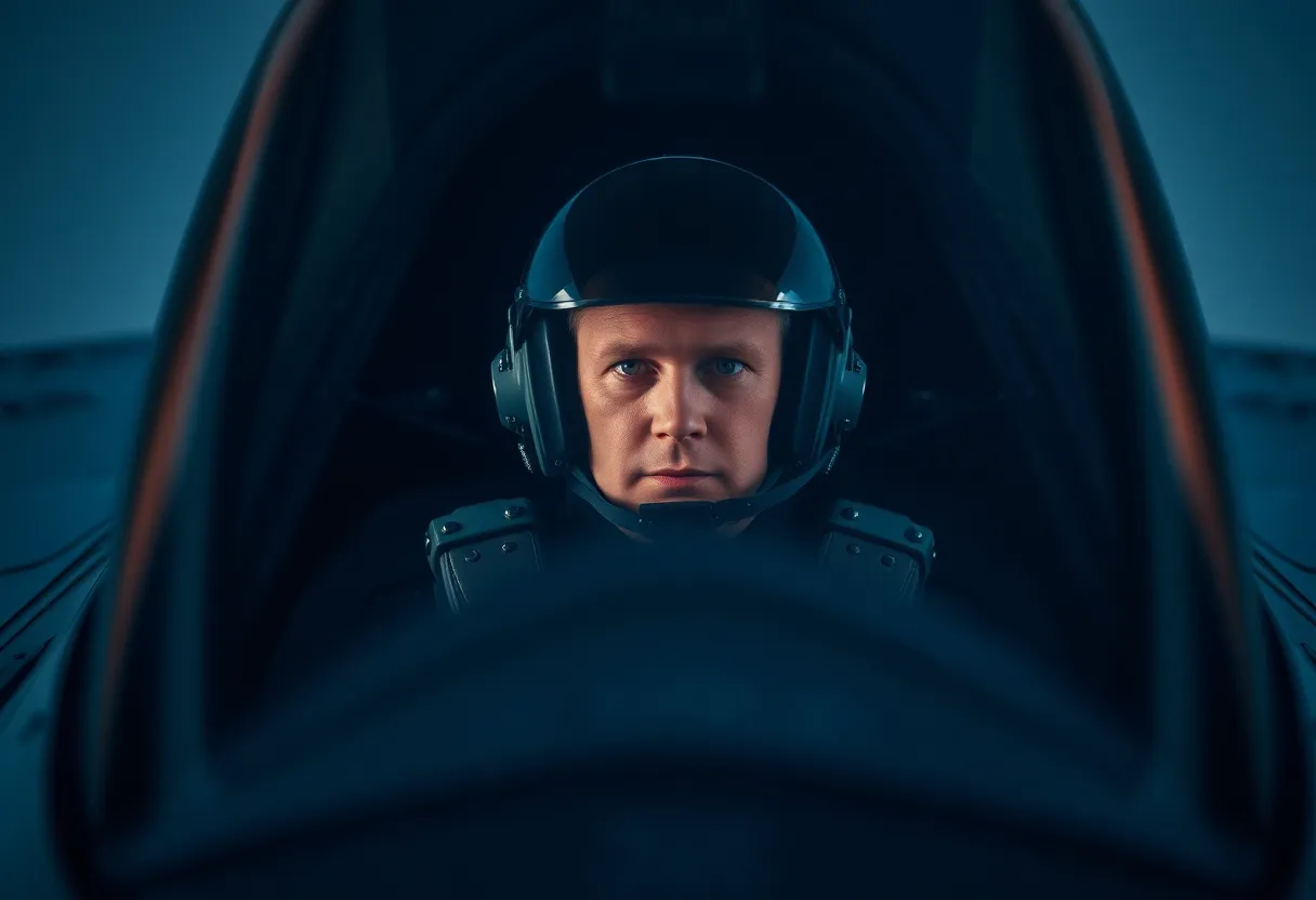 This close-up photograph offers an intimate glimpse into the cockpit of a fighter jet, showcasing a pilot preparing for takeoff. The sharp studio lighting highlights the intricate details of the control panel and the pilot's focused expression, creating an atmosphere of tension and excitement. The blurred background, achieved through a shallow depth of field, emphasizes the subject and draws attention to the complex instrumentation of the aircraft. The deep blue and gray tones evoke a sense of professionalism and dedication, ideal for military-themed imagery.
