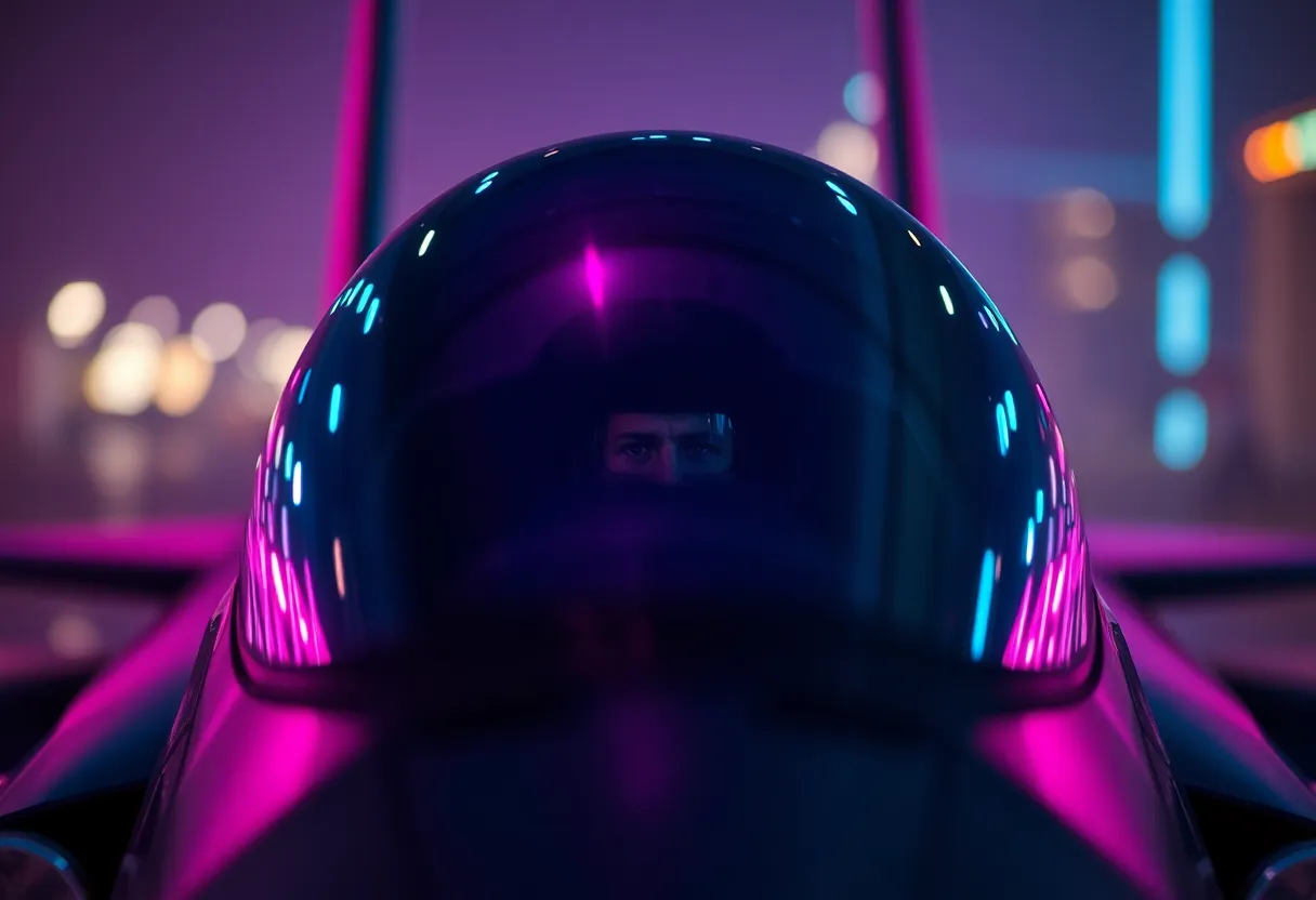 This close-up image reveals a pilot intently preparing a fighter jet for takeoff, captured in dramatic neon lighting. The cockpit's intricate details are highlighted by cool blue and magenta reflections, creating a futuristic vibe. The shallow depth of field blurs the chaotic background, ensuring all attention is on the pilot's focused expression. This shot encapsulates the intensity and precision of modern military aviation operations.