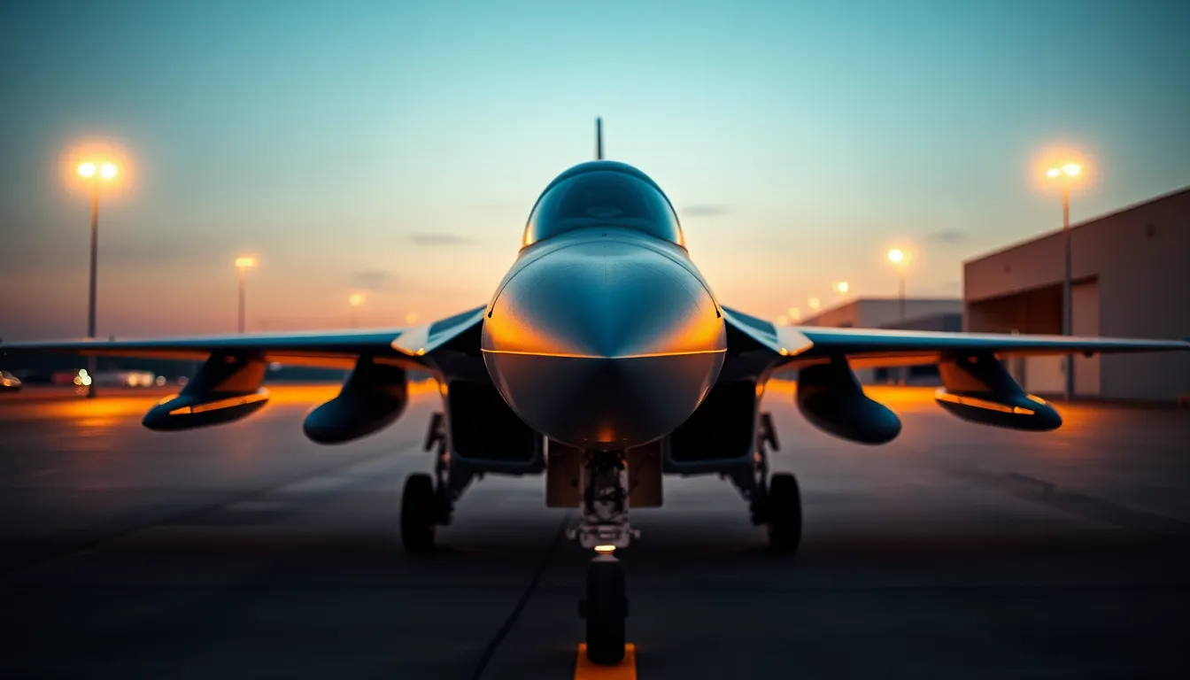 This captivating image features a fighter jet resting on the tarmac as dusk settles in. The warm tungsten lighting creates an inviting atmosphere while highlighting the detailed surface textures of the aircraft. The muted colors enhance the overall feel of military readiness and anticipation. Positioned centrally, the jet commands attention, evoking a sense of power and sophistication within the military landscape.