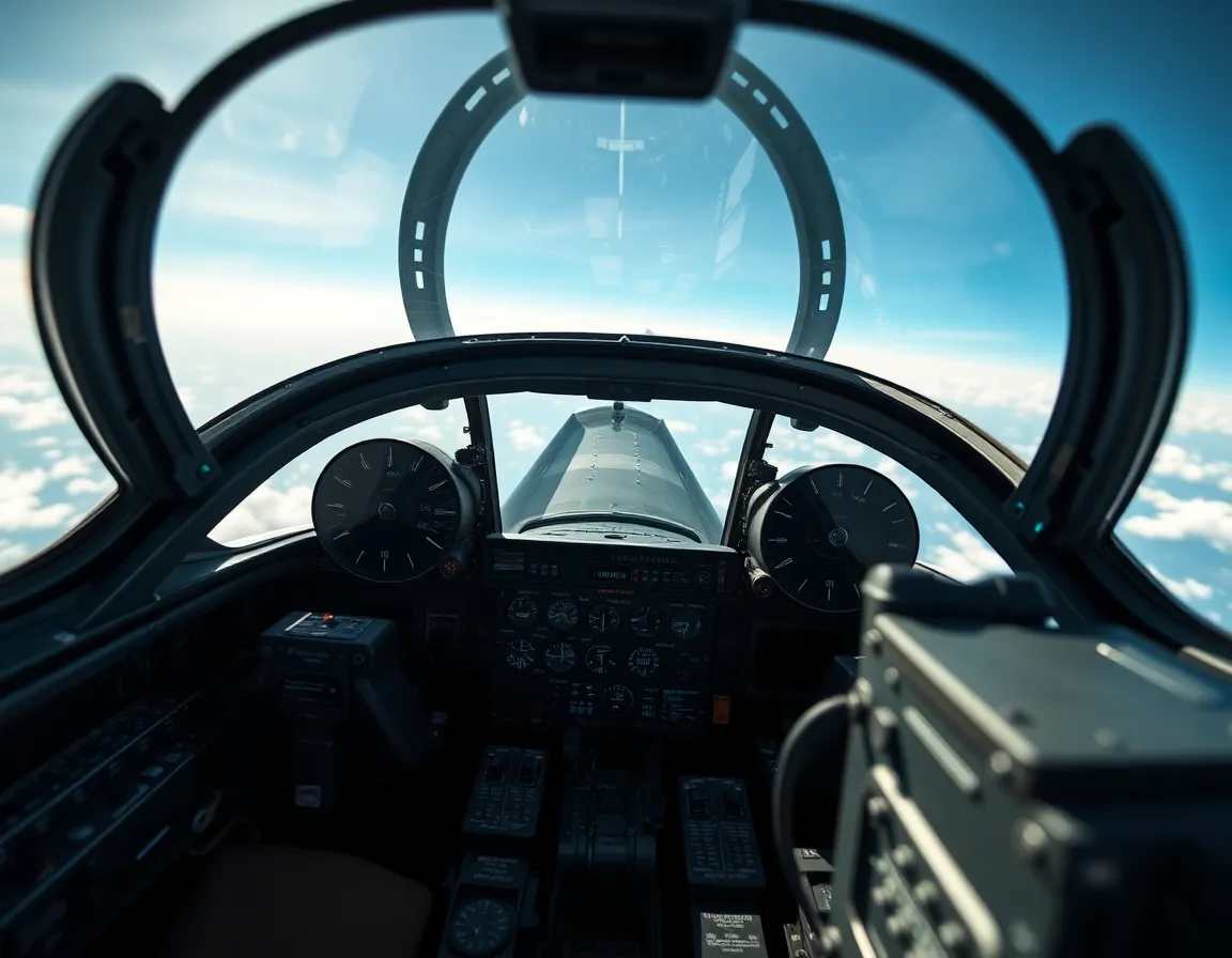 This close-up image explores the intricate details of a fighter jet cockpit, showcasing a variety of controls and instruments. Bathed in bright lighting, reflections on the glass add a modern touch. The composition features a shallow depth of field that isolates the cockpit from the blurred sky behind, emphasizing the textured materials of metal and glass. Muted grays and blacks dominate the color palette, complemented by blue instrument lights.