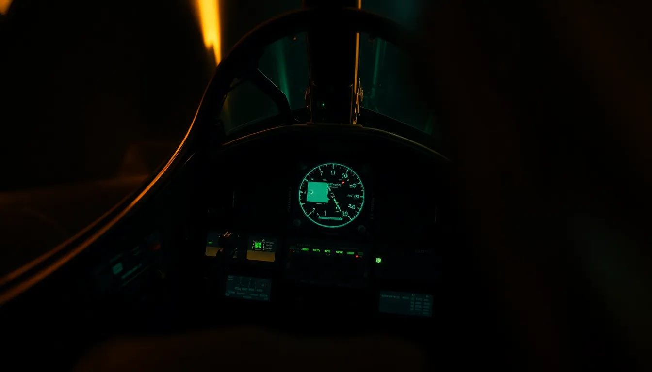 This intimate close-up photograph reveals the intricate details of a fighter jet's cockpit, focusing on the controls and displays. The warm tungsten lighting adds depth, while the shallow depth of field enhances the textures within the cockpit. The subdued greens and rich blacks create a military ambiance, reflecting advanced technology. The tight composition draws the viewer's eye to the precision and sophistication involved in piloting such an aircraft.