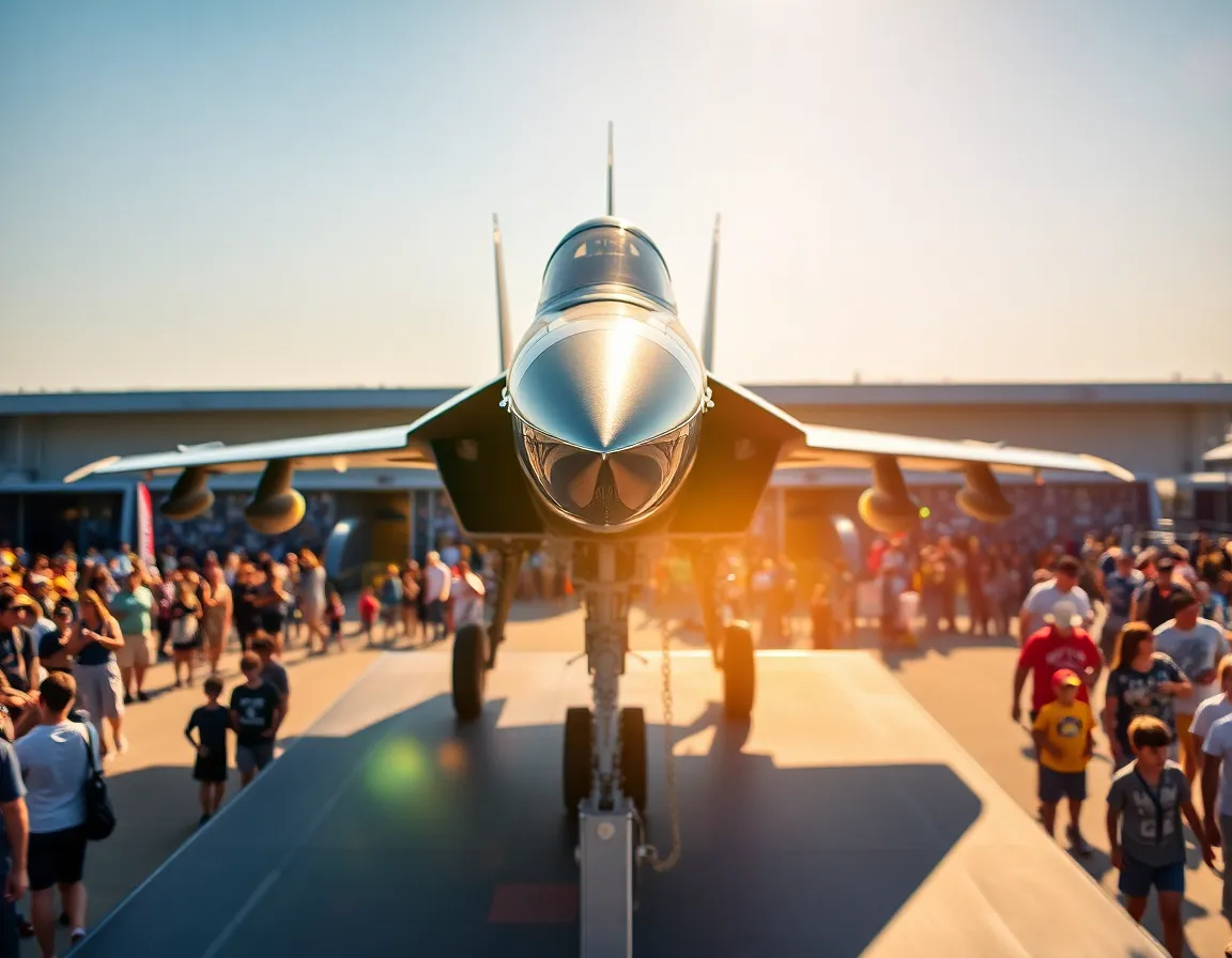 This striking photograph showcases a fighter jet on display during an air show, with the aircraft dominating the foreground. Bright midday sun creates dynamic contrasts, bringing out the vivid colors of the jet's paint job. The blurry crowd of spectators in the background highlights the significance of the aircraft, while leading lines draw the viewer’s eye toward it. This image perfectly captures the excitement and energy of a military aviation event.