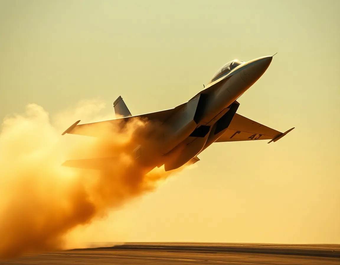 This exhilarating image showcases a fighter jet executing a high-speed maneuver, evident by the billowing clouds of dust and vapor it creates. The warm light of the setting sun casts striking highlights on the jet's fuselage, enhancing its metallic sheen. The shallow depth of field ensures the jet is the main focus, while the dust dissipates into a soft background. This action-packed scene perfectly captures the thrill of military aviation.