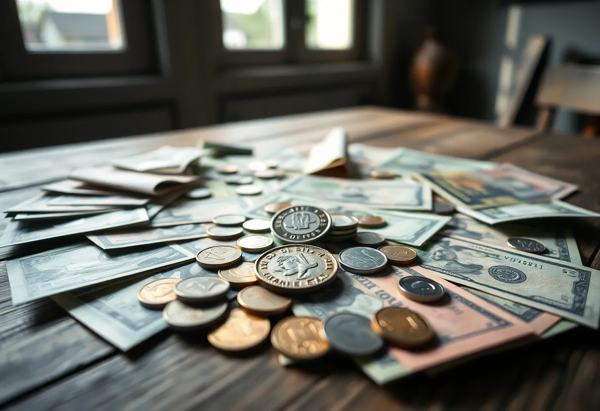 Currency and Coins on Rustic Wooden Table This image beautifully displays an arrangement of various currency notes and coins on a rustic wooden table. The gentle natural daylight creates a serene atmosphere, while every detail of the notes and coins is captured with precision. The color palette is composed of muted tones that enhance the organic feel of the scene. The focal point on a vintage coin draws viewers into the intricate world of finance.