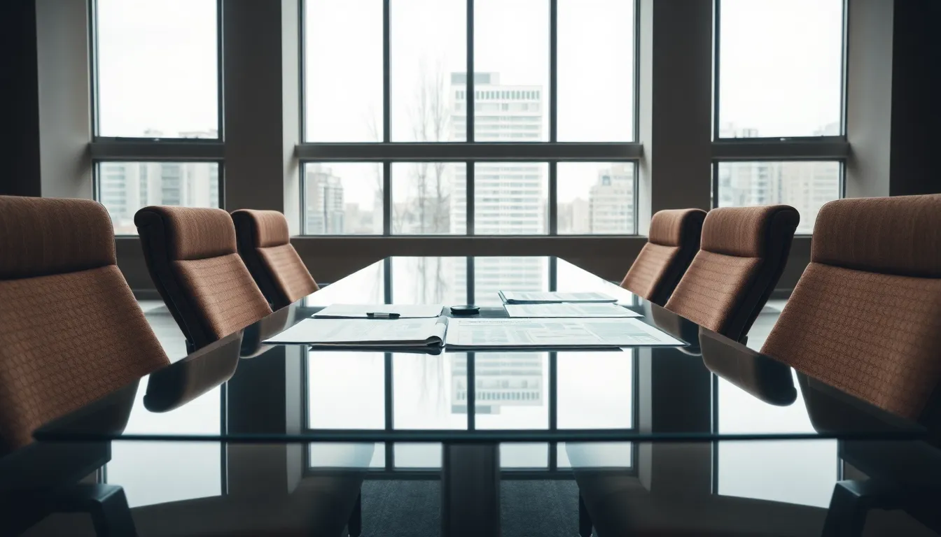 Elegant Conference Room Setting This image showcases an elegant conference room bathed in bright overcast daylight, filtering through expansive floor-to-ceiling windows. A glass table is set with financial reports, highlighting the meeting’s professional atmosphere. The natural light casts soft shadows, revealing the textures of the polished glass and the luxurious fabric of the chairs. Muted earth tones contribute to the refined ambiance, and the symmetrical composition underscores the order and professionalism inherent in a corporate setting.