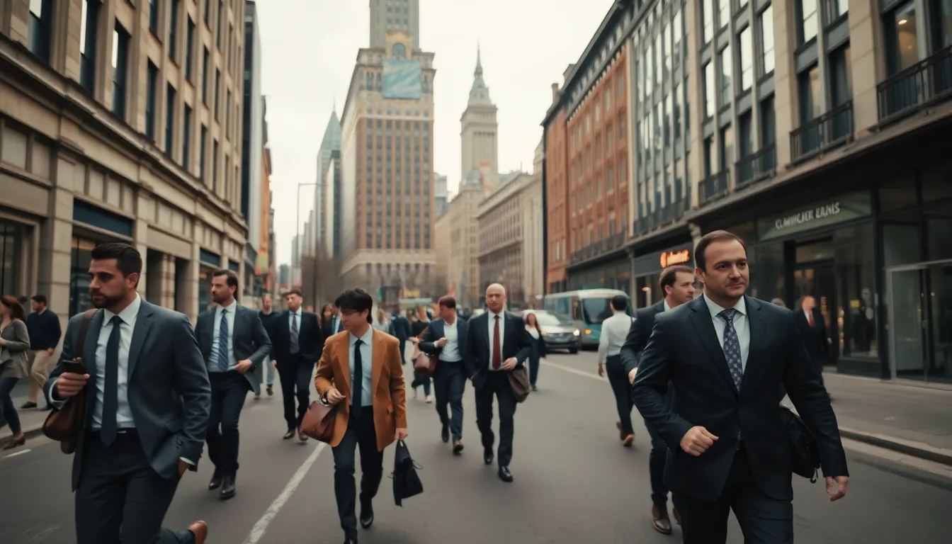 Business Professionals on Bustling City Street In a lively urban setting, business professionals navigate a bustling street during the morning rush hour. Captured with a wide-angle lens, the scene features sharp details from the sidewalk to the skyline, highlighting the diversity of the city. Overcast daylight creates a soft, inviting atmosphere, while the muted color tones reflect the dynamism of everyday business life in an urban landscape. This composition employs leading lines to guide viewers through the vibrant scene, emphasizing the motion and purpose of the commuters.
