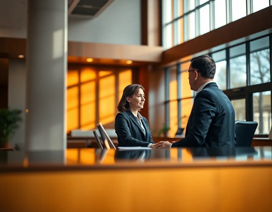 Bank Interior with Client Interaction This image beautifully captures a modern bank interior, showcasing a teller assisting a client. Natural light floods through expansive windows, creating soft shadows and a warm ambiance. The shallow depth of field draws attention to the interaction while the background blurs into a soft bokeh, enhancing intimacy. The warm wood tones and gold accents resonate with feelings of trust and professionalism, making this scene a perfect representation of customer service in the finance sector.
