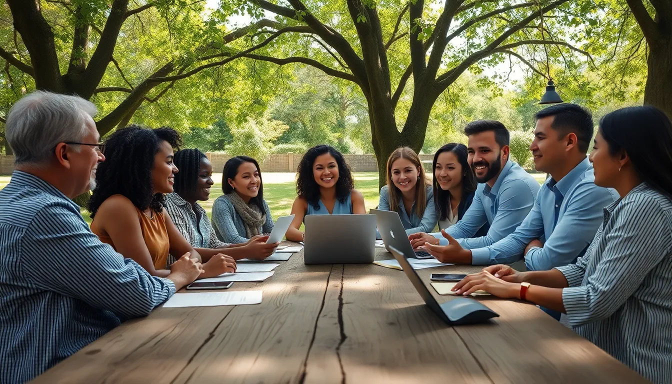 Diverse Professionals Collaborating Outdoors This image depicts a diverse group of professionals collaborating around a rustic wooden table in a serene outdoor setting. Dappled sunlight filters through the tree canopy, creating a softly lit and inviting atmosphere. The participants are engrossed in discussion, with papers and laptops arranged on the table. Natural muted tones enhance the organic feel, while the weathered wood texture adds character to the scene, emphasizing teamwork and collaboration in a tranquil environment.
