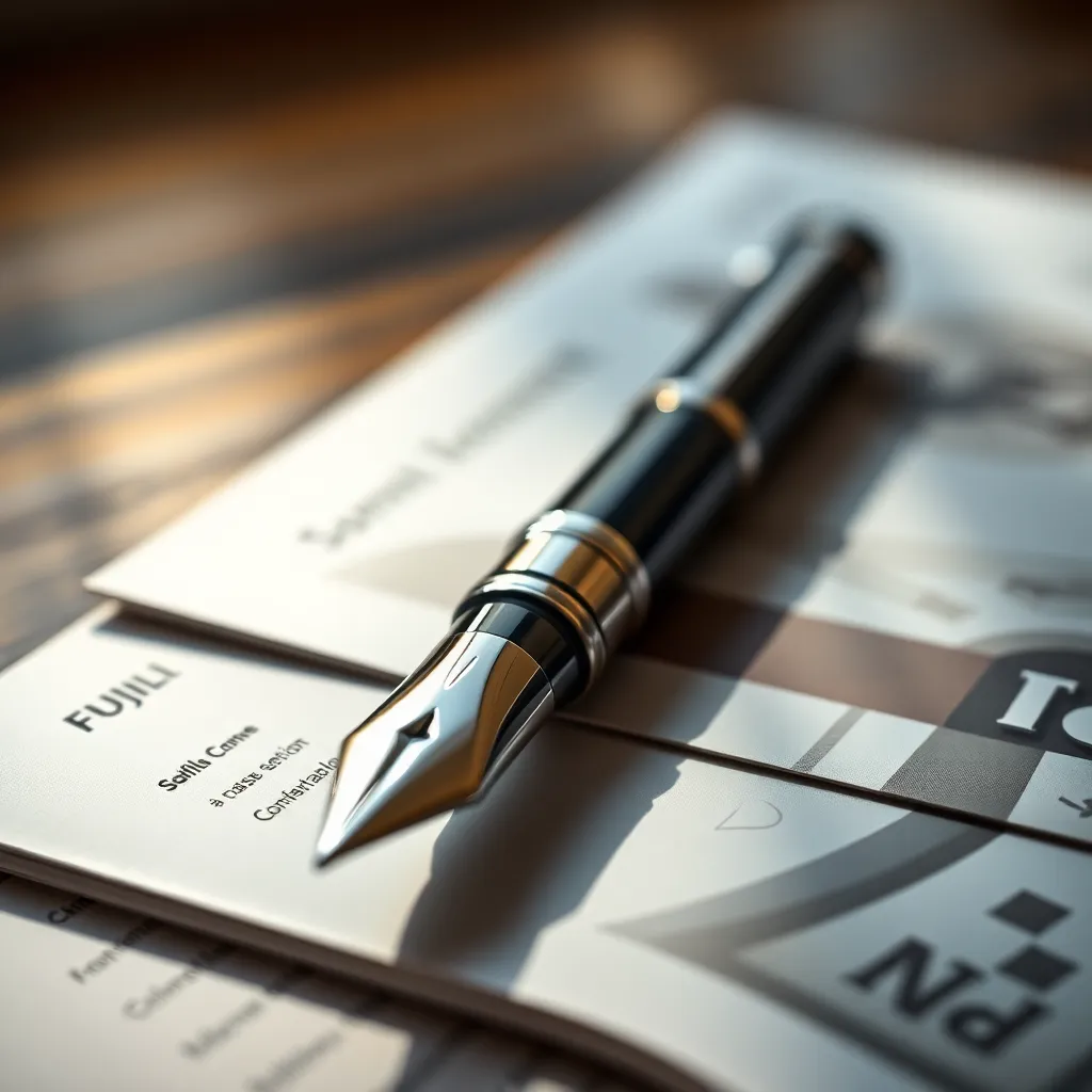 Elegant Pen on Financial Brochures Close-Up