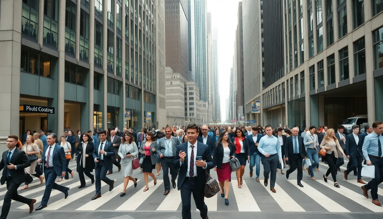 Busy Urban Financial District with Diverse Professionals