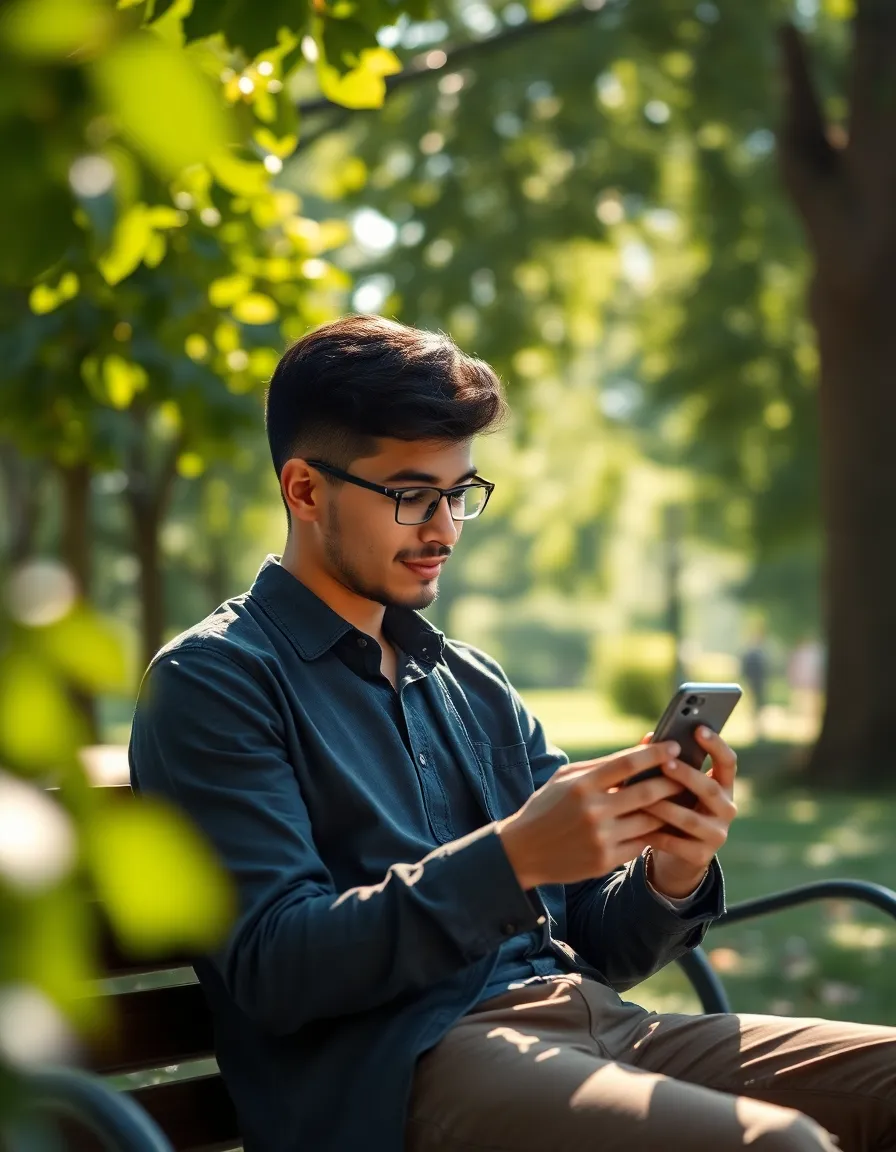 Young Investor Analyzing Stocks in Park