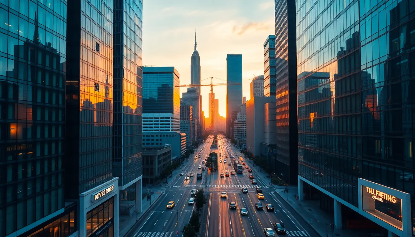 Dynamic Cityscape at Sunset Showcasing Financial District