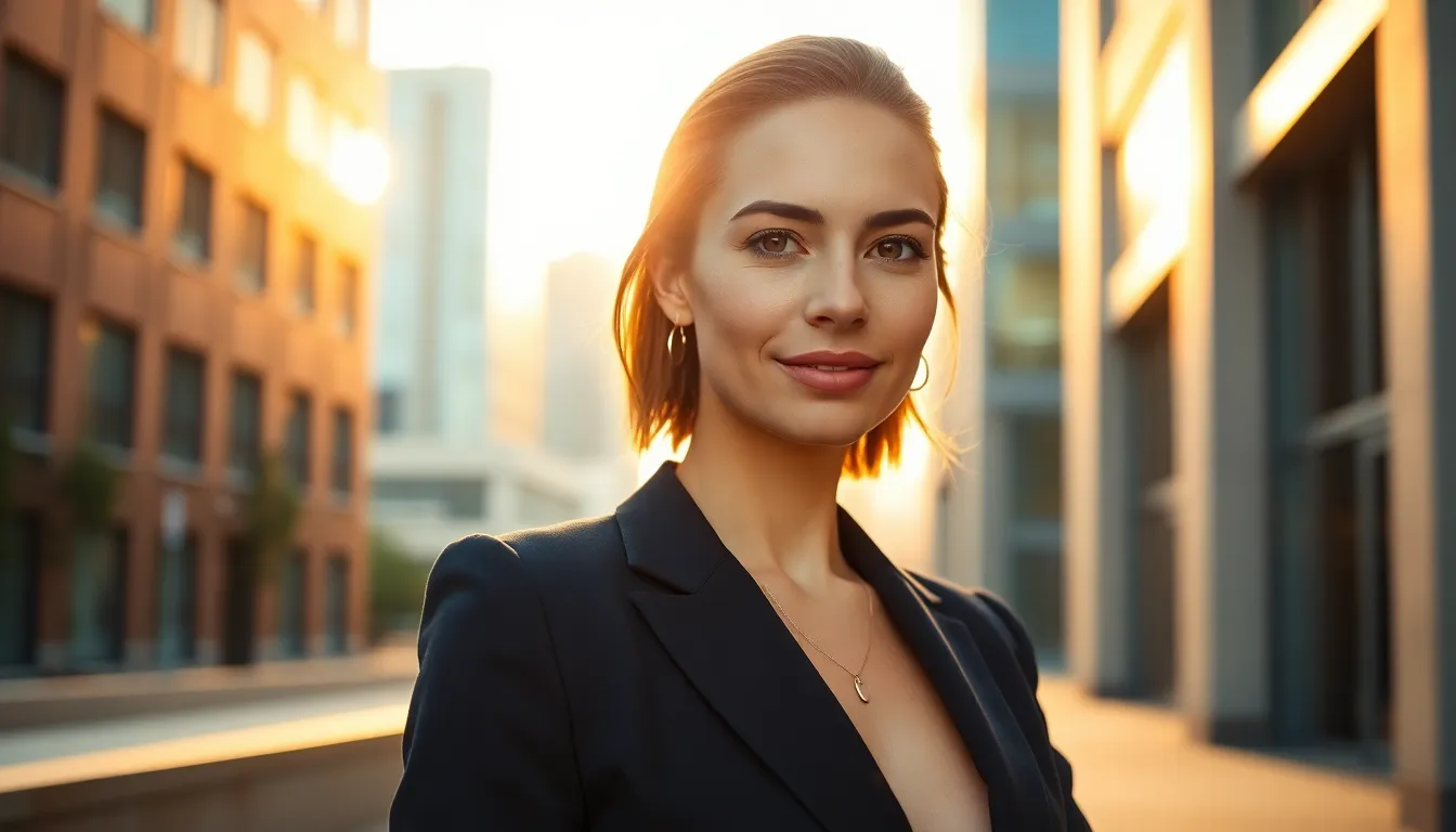 Confident Businesswoman Outside Office This image captures a confident businesswoman standing outside a modern office building during golden hour. She is dressed in a tailored navy suit, exuding professionalism and approachability. The warm backlighting and soft fill light create a flattering glow, highlighting her natural skin textures. With a blurred cityscape in the background, the composition adheres to the rule of thirds, drawing the viewer's eye to her assured expression.
