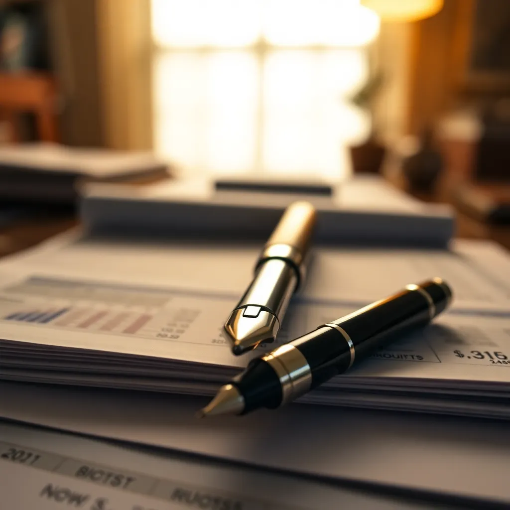 Luxury Pen on Financial Reports This close-up shot showcases a luxury pen poised gracefully atop a pile of detailed financial reports. Warm tungsten lighting envelops the scene in a cozy glow, emphasizing the elegance of the pen's craftsmanship. With a shallow depth of field, the pen stands out against a softly blurred background of documents, allowing textures of both surfaces to shine. The muted color palette adds sophistication, making this image ideal for conveying themes of finance and professionalism.
