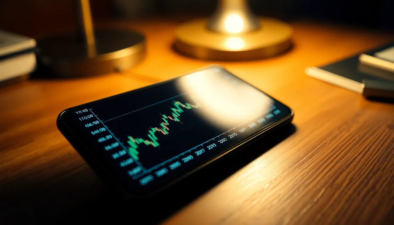 Close-Up of Stock Market Analysis This close-up image captures a detailed view of a stock market chart displayed on a smartphone, resting on a polished mahogany desk. The warm tungsten lighting creates directional highlights on the screen, emphasizing the intricate data. Rich greens and blues from the chart contrast beautifully with the desk's neutral tones, offering a sophisticated appearance. The shallow depth of field ensures the chart remains the focal point, inviting viewers into the world of finance and investment analysis.